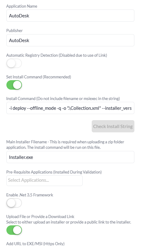 The Pckgr Custom Application configuration